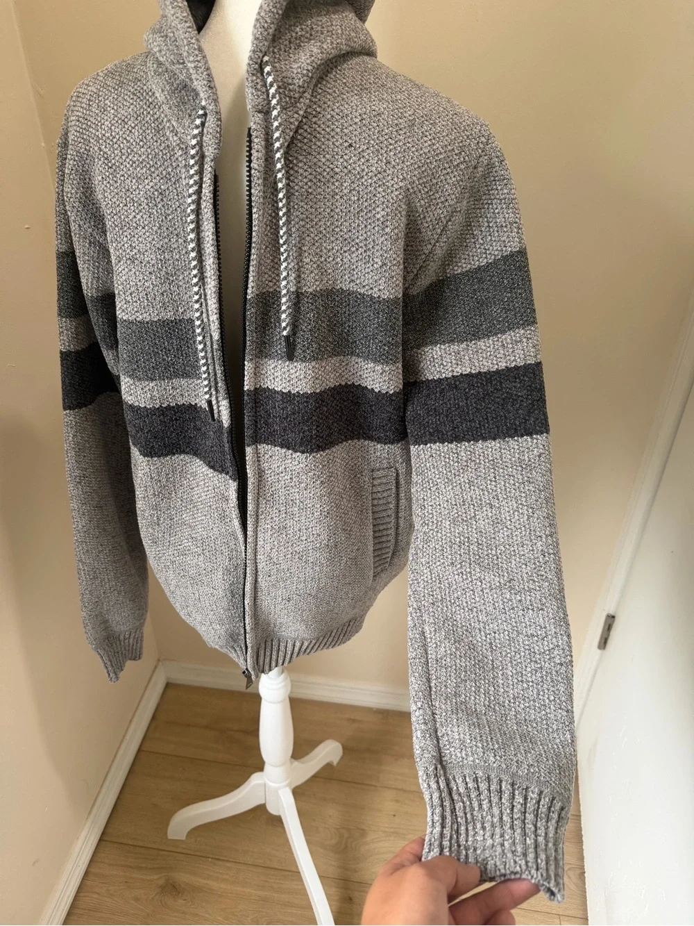 Men's Hooded Zip Sweater in Gray with Stripe Accents